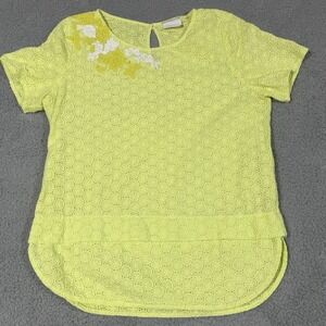 Cristina Gavioli Yellow Cotton Floral Woven Short Sleeved Top Size 12 / Large